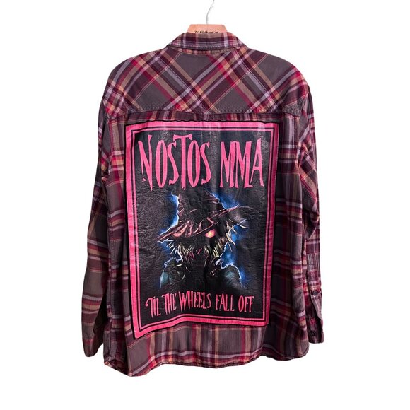 Mens Columbia Red Plaid Flannel Shirt W/ Nostos MMA Graphic & Patches XL - Picture 2 of 4